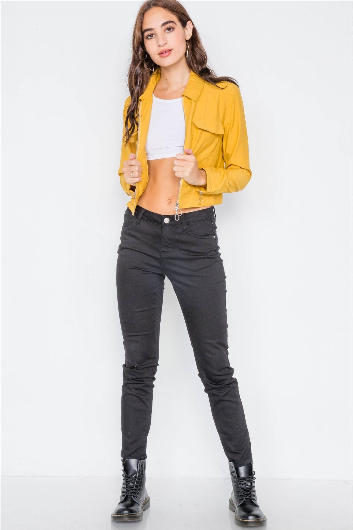 Mustard Double Zipper Crop Cargo Jacket  /2-2-2