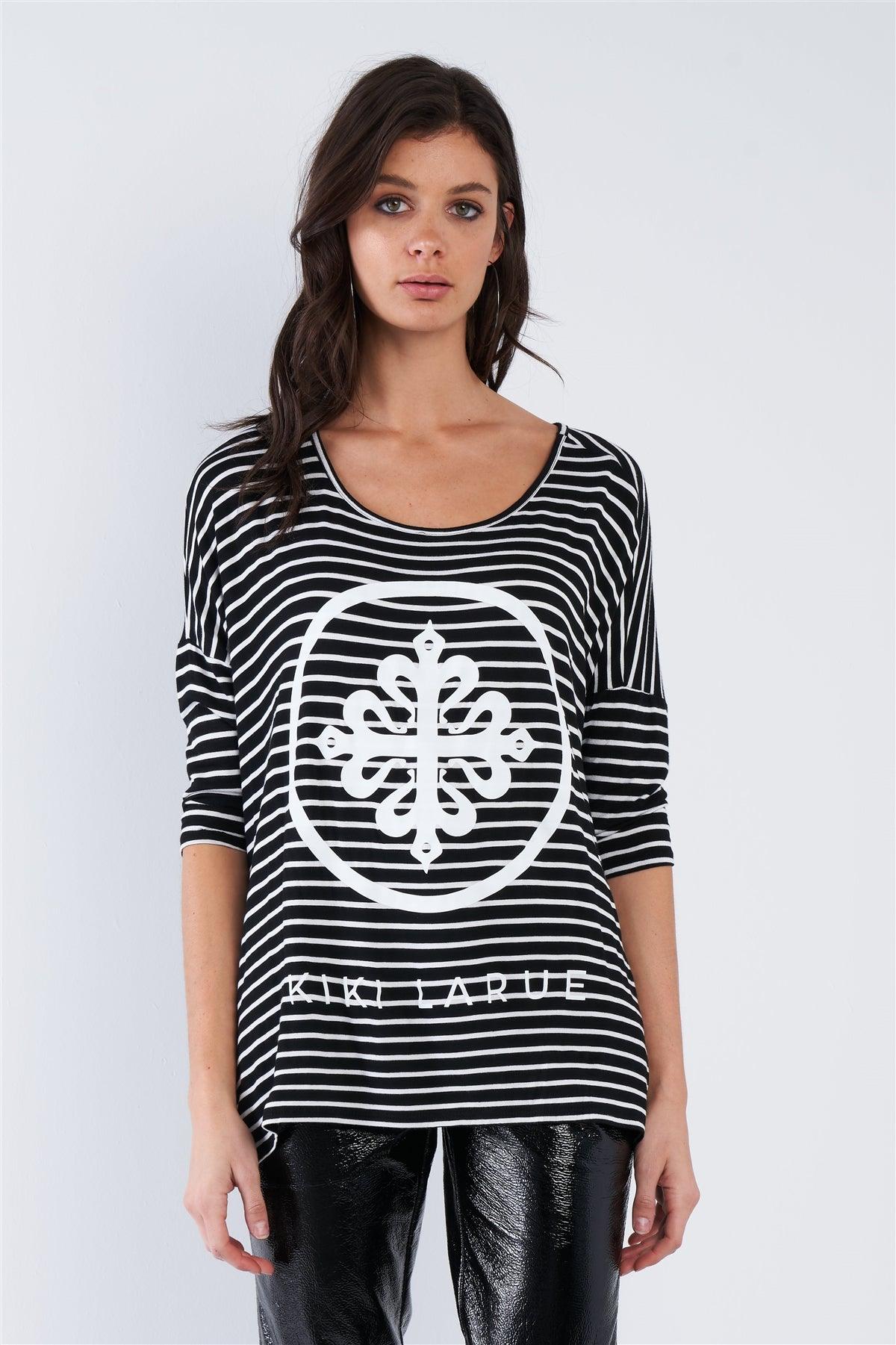 Black White Stripe Scoop Neck Relaxed Fit "KIKI LARUE" Top /2-2-2 - Tasha Apparel Wholesale