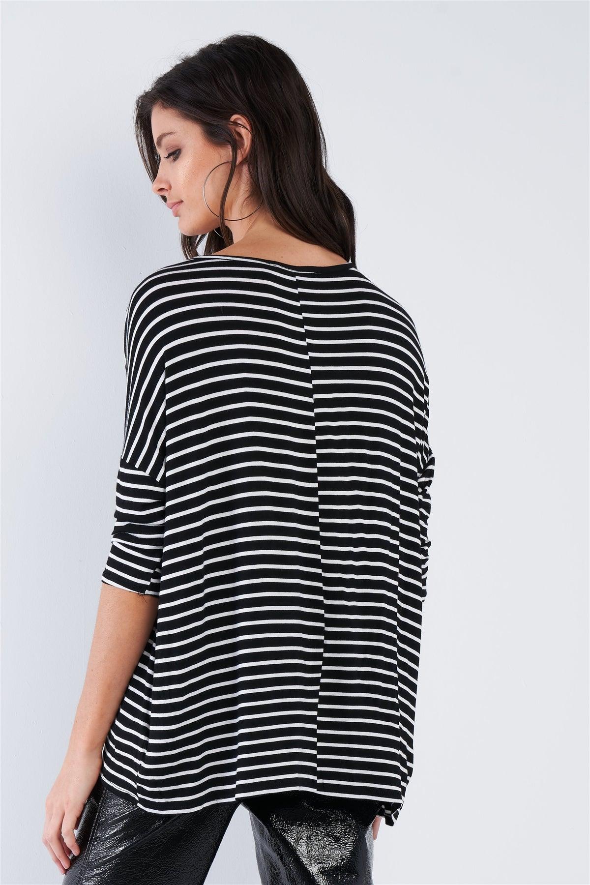 Black White Stripe Scoop Neck Relaxed Fit "KIKI LARUE" Top /2-2-2 - Tasha Apparel Wholesale