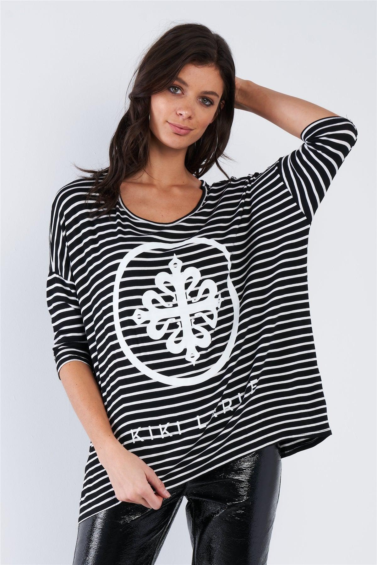 Black White Stripe Scoop Neck Relaxed Fit "KIKI LARUE" Top /2-2-2