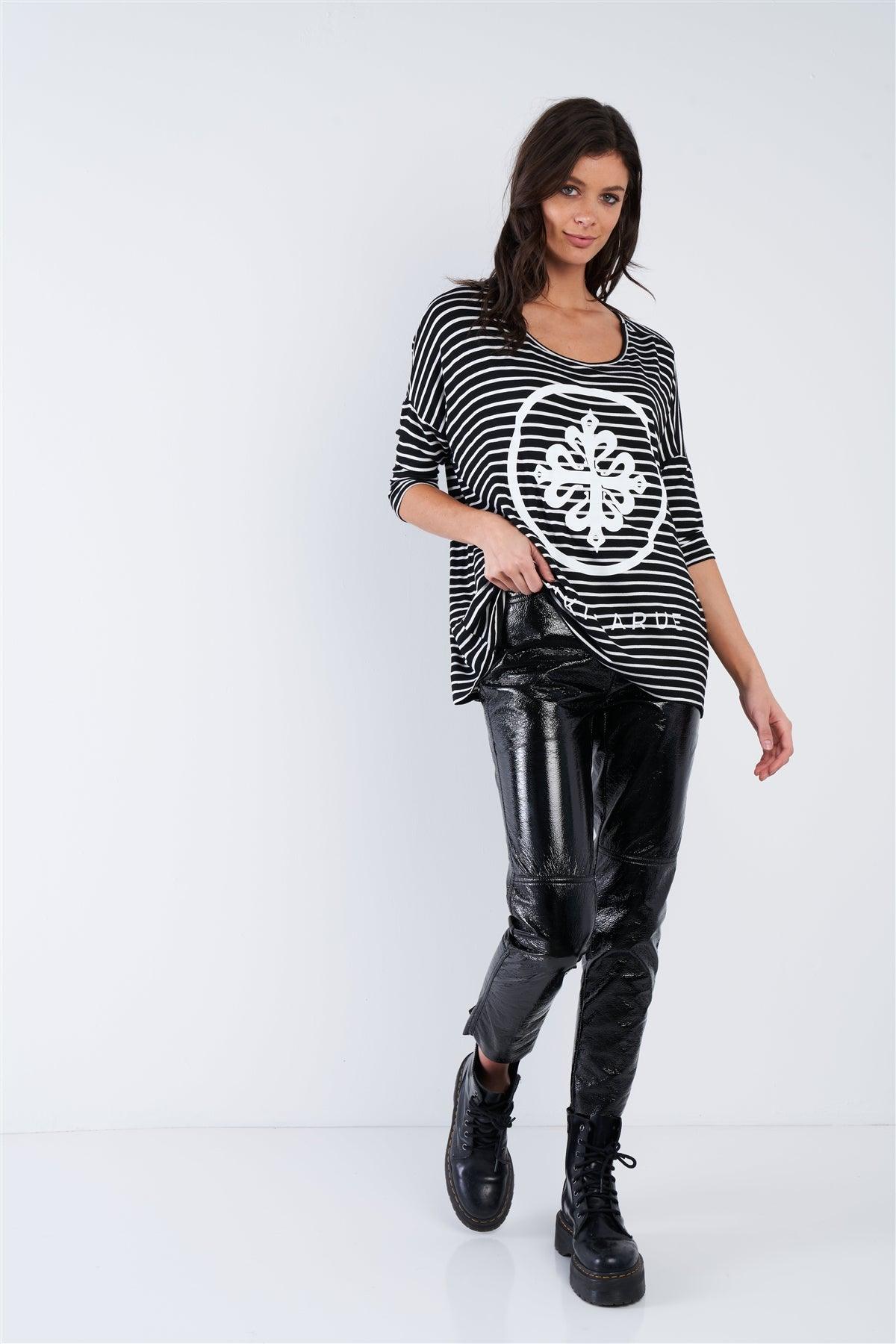 Black White Stripe Scoop Neck Relaxed Fit "KIKI LARUE" Top /2-2-2