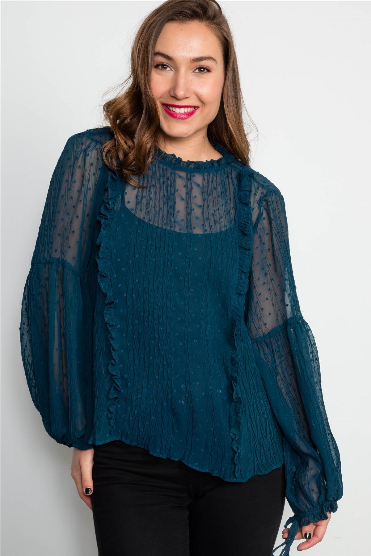 Teal Frill Trim Tie Sleeve Sheer Top /2-2-2