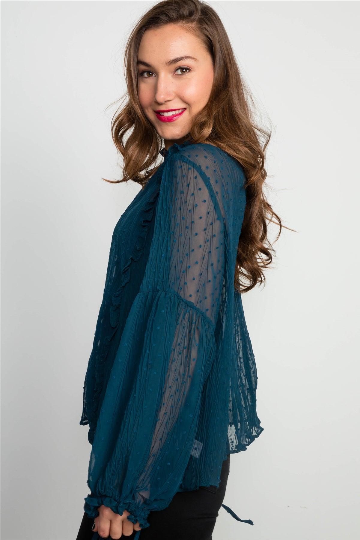 Teal Frill Trim Tie Sleeve Sheer Top /2-2-2