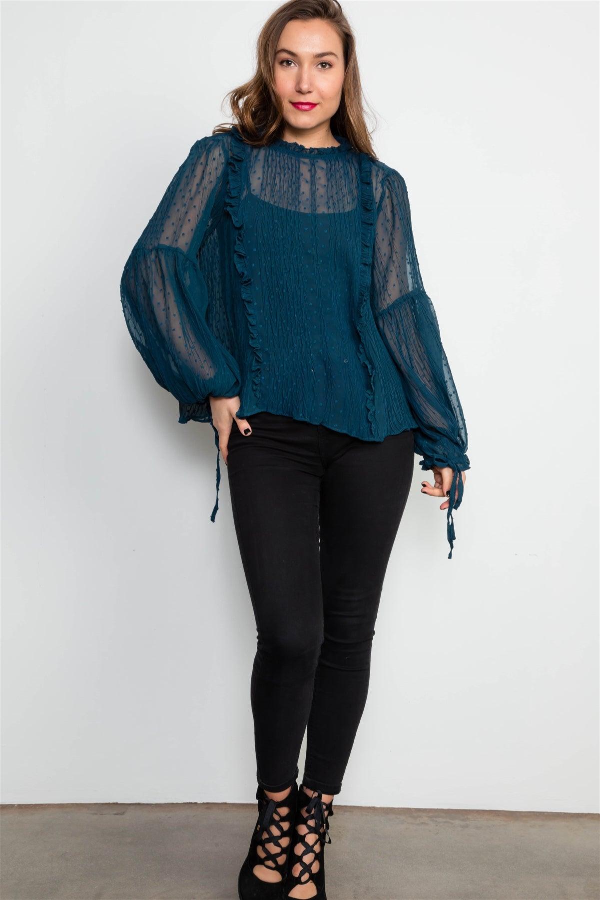 Teal Frill Trim Tie Sleeve Sheer Top /2-2-2