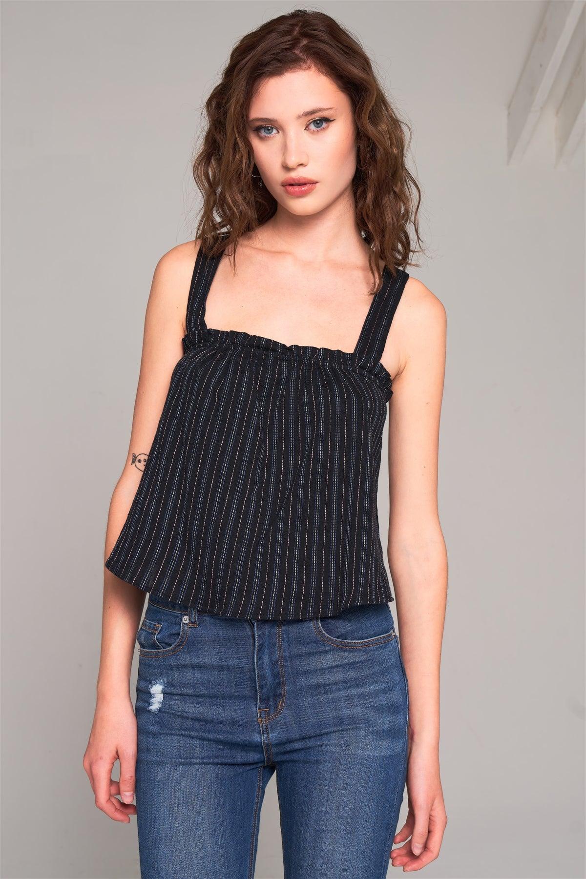 Black Stripped Sleeveless Square Neck Criss-Cross Back Detail Frill Apron Top /2-2-1