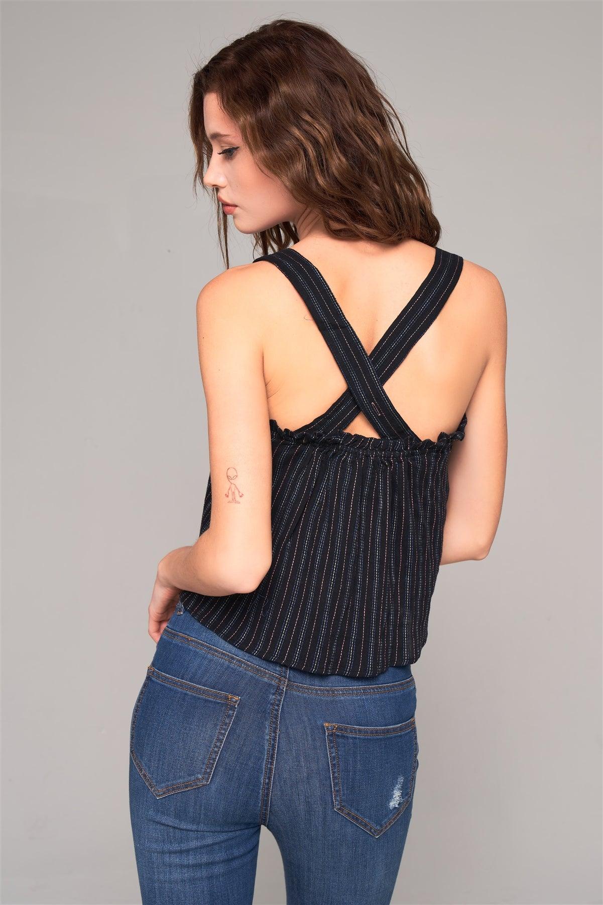 Black Stripped Sleeveless Square Neck Criss-Cross Back Detail Frill Apron Top /2-2-1