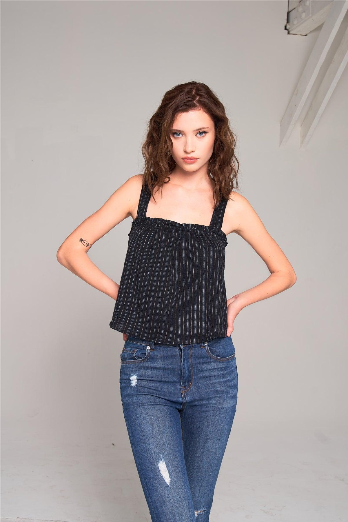 Black Stripped Sleeveless Square Neck Criss-Cross Back Detail Frill Apron Top /2-2-1