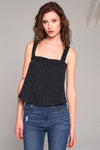 Black Stripped Sleeveless Square Neck Criss-Cross Back Detail Frill Apron Top /3-2-1