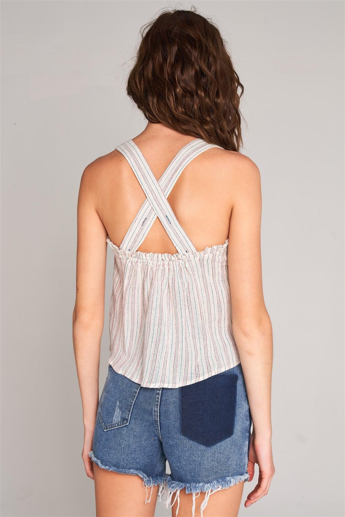 Cream Stripped Sleeveless Square Neck Criss-Cross Back Detail Frill Apron Top /2-2-1