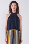 Navy Blue & Silver Weave Striped Halter Neck Sleeveless Loose Fit Top