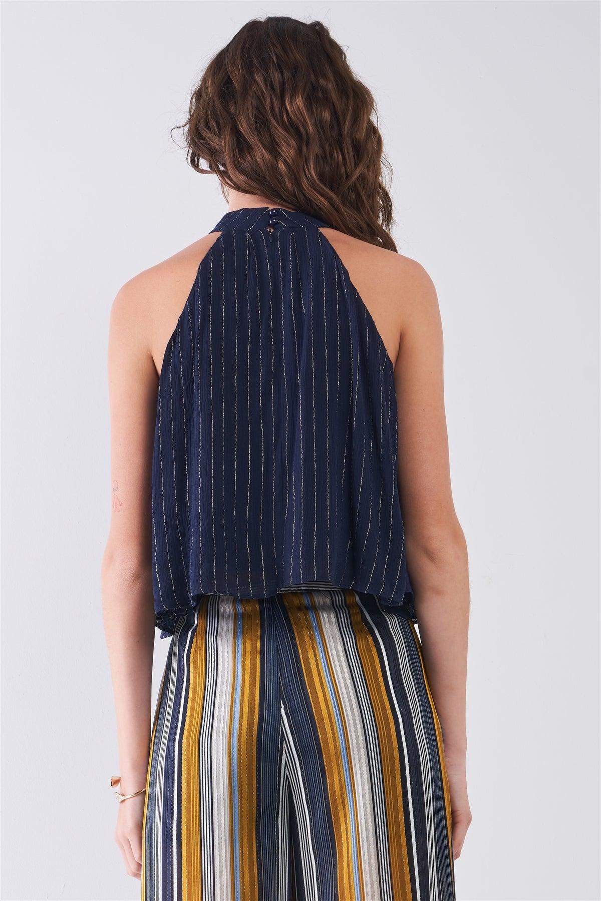 Navy Blue & Silver Weave Striped Halter Neck Sleeveless Loose Fit Top