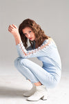 Light Blue Long Sleeved White Side Seam Lace Up V-Neck Sexy Denim Jumpsuit /1-3-2