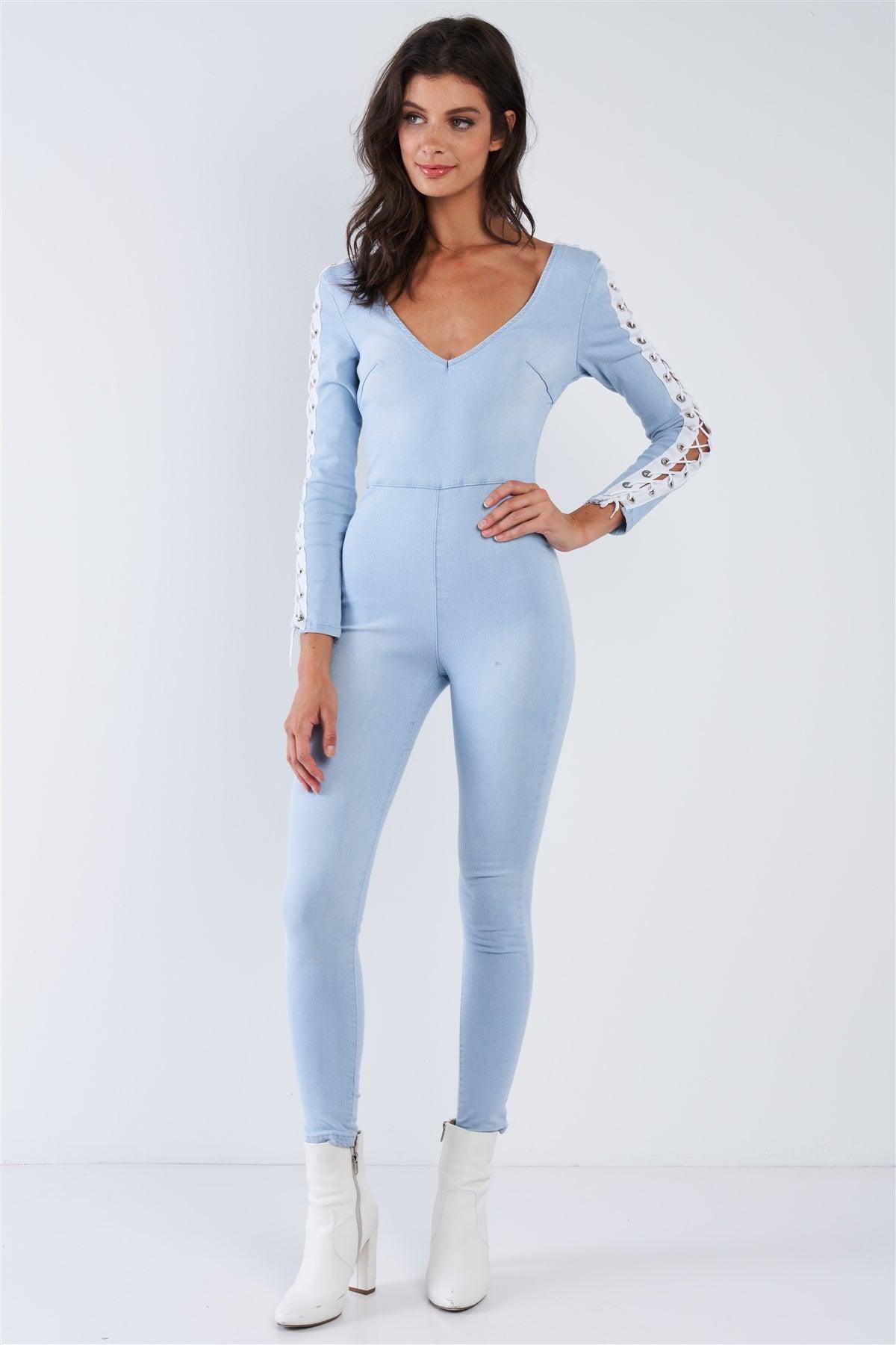 Light Blue Long Sleeved White Side Seam Lace Up V-Neck Sexy Denim Jumpsuit /1-3-2