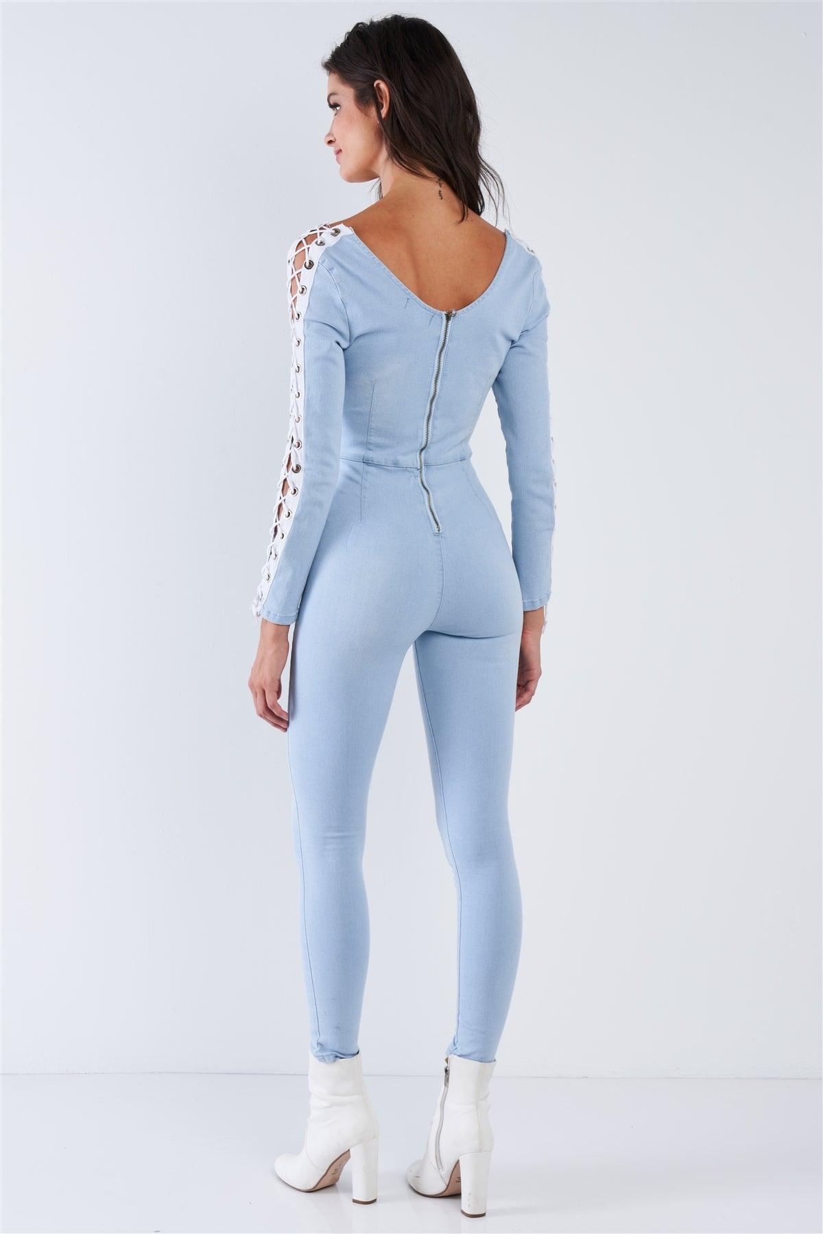 Light Blue Long Sleeved White Side Seam Lace Up V-Neck Sexy Denim Jumpsuit /1-3-2