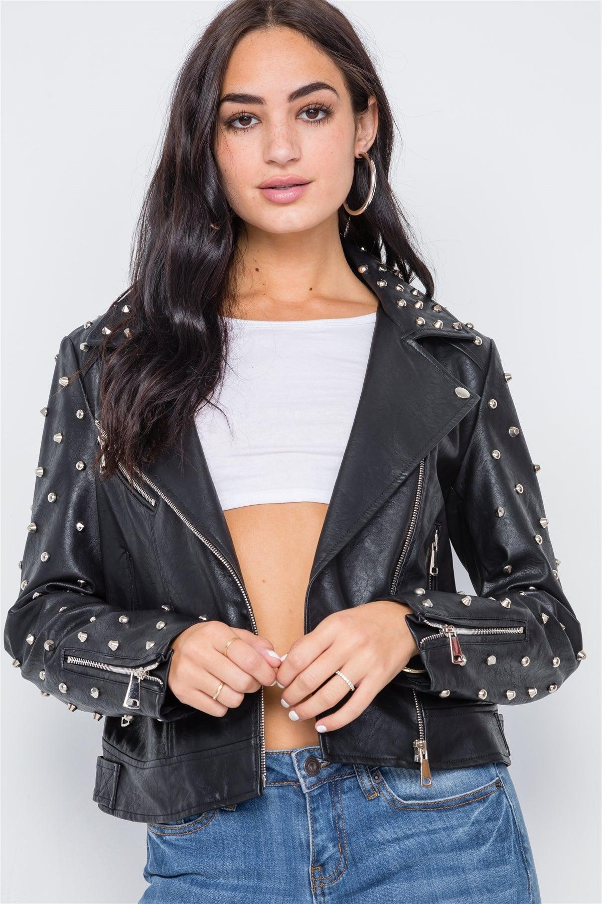 Black Studded Skull Patch Faux Leather Jacket /2-1-1