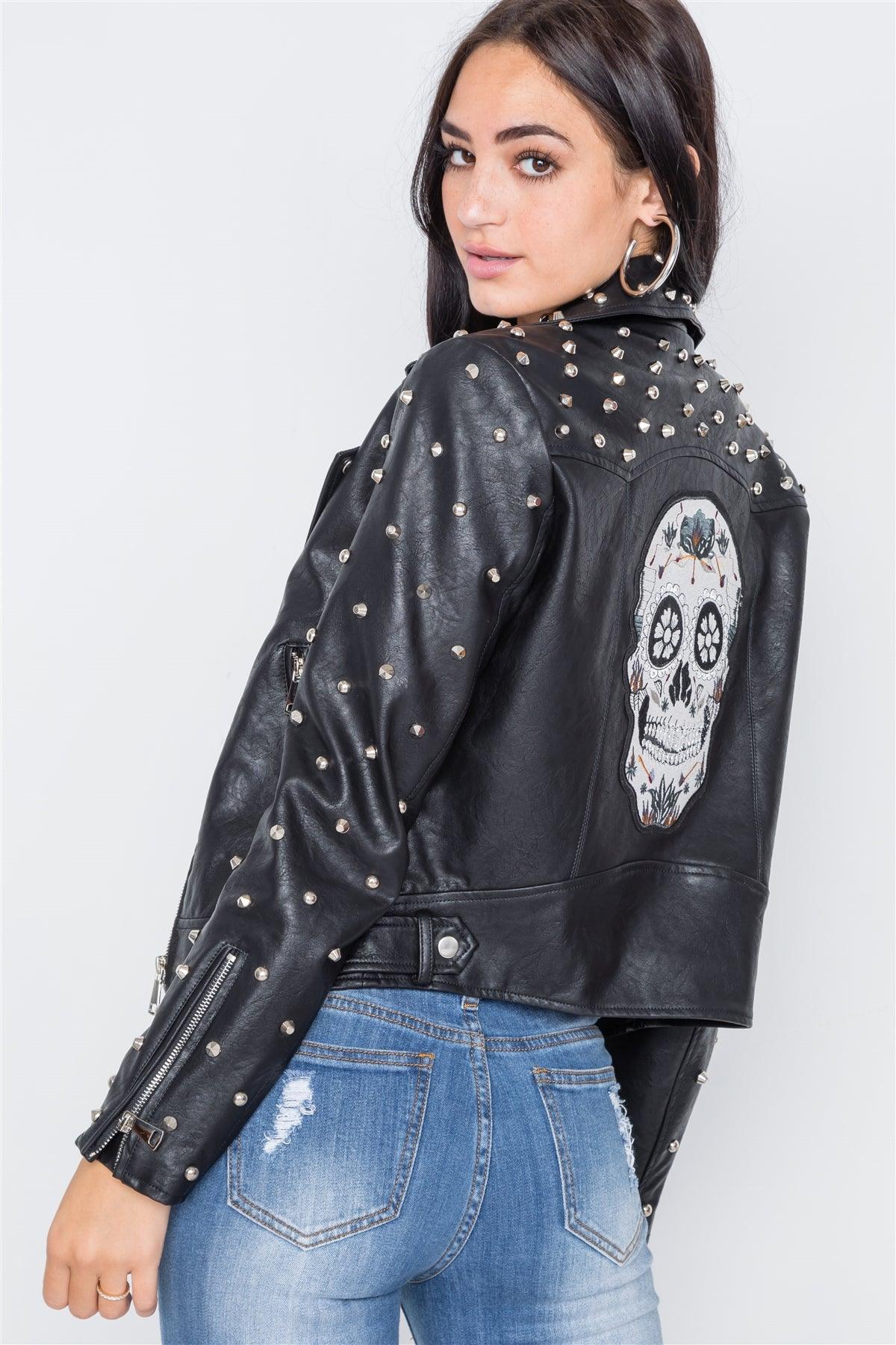 Black Studded Skull Patch Faux Leather Jacket /2-1-1