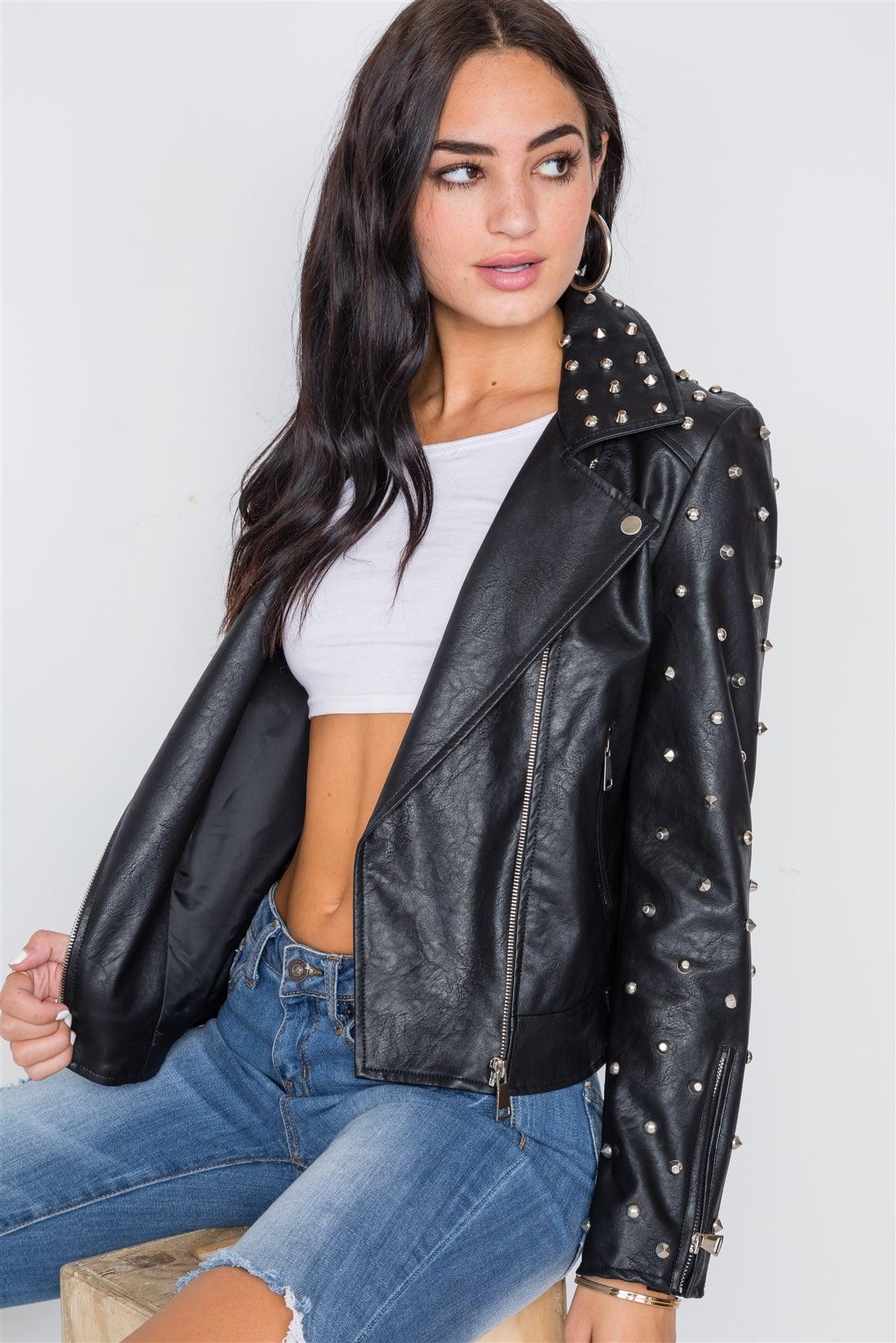 Black Studded Skull Patch Faux Leather Jacket /2-1-1