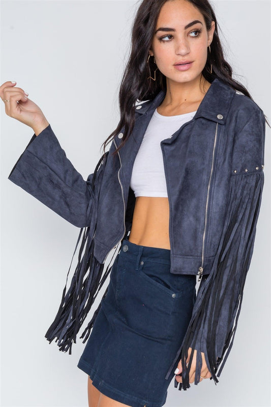 Blue Fringe Studded Faux Suede Moto Jacket /2-2-2