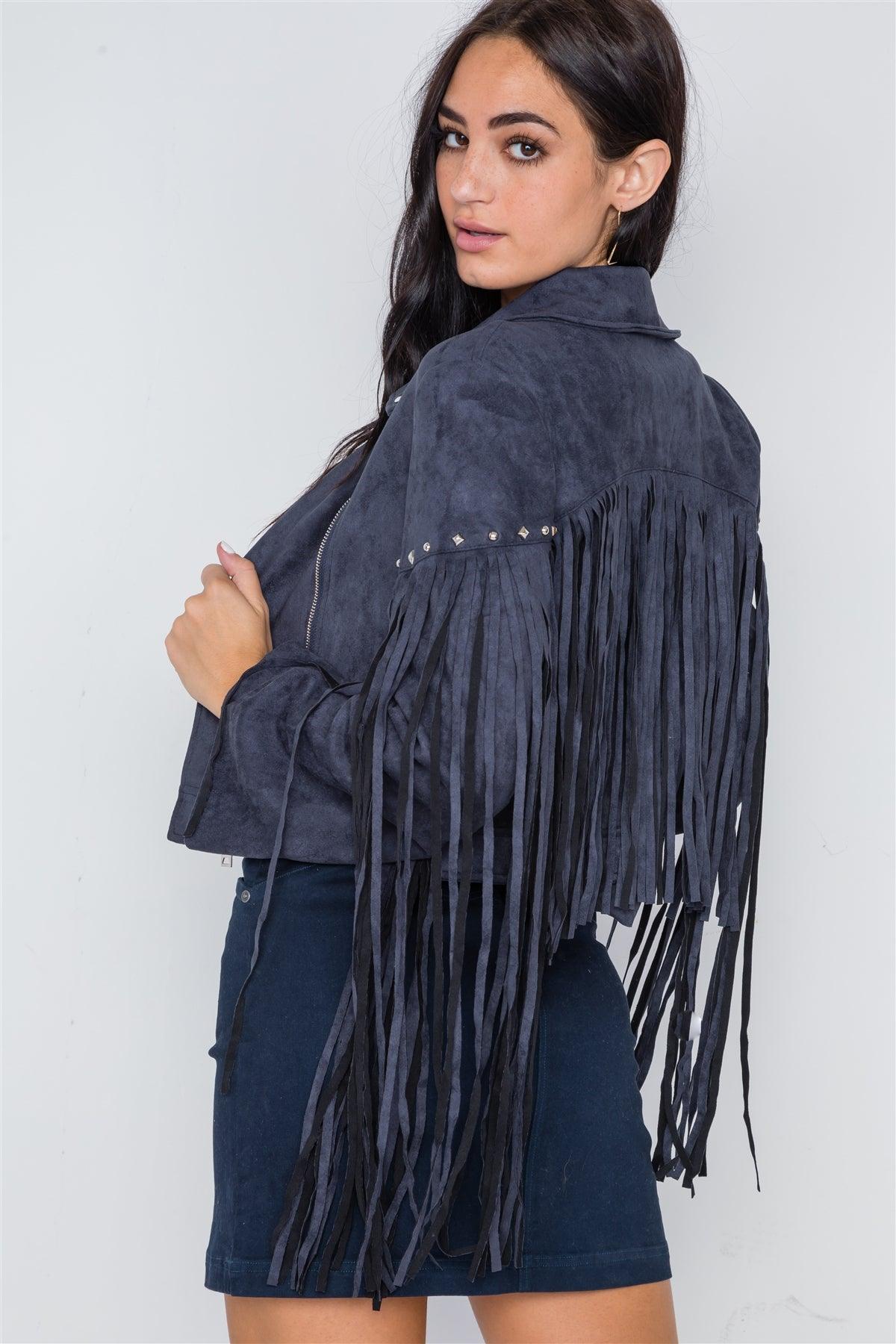 Blue Fringe Studded Faux Suede Moto Jacket /2-2-2