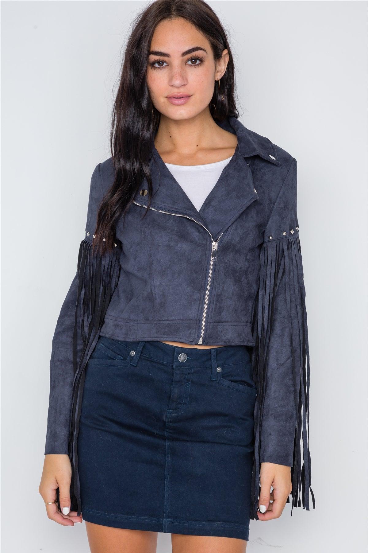 Blue Fringe Studded Faux Suede Moto Jacket /2-2-2