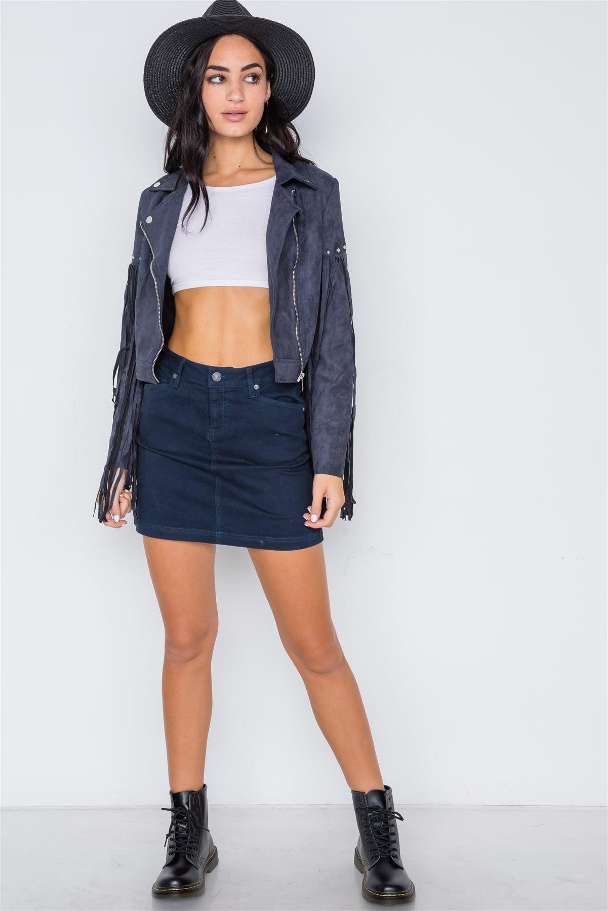 Blue Fringe Studded Faux Suede Moto Jacket /2-2-2