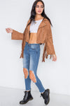 Camel Fringe Studded Faux Suede Moto Jacket /2-3