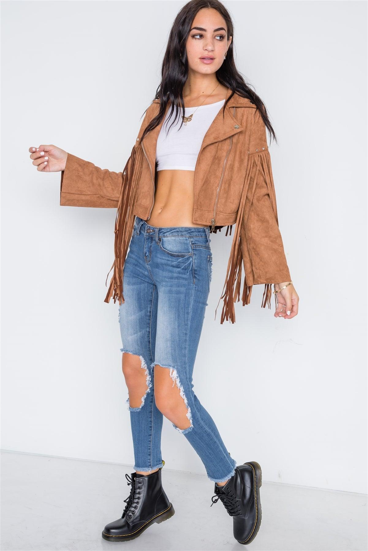 Camel Fringe Studded Faux Suede Moto Jacket /2-3