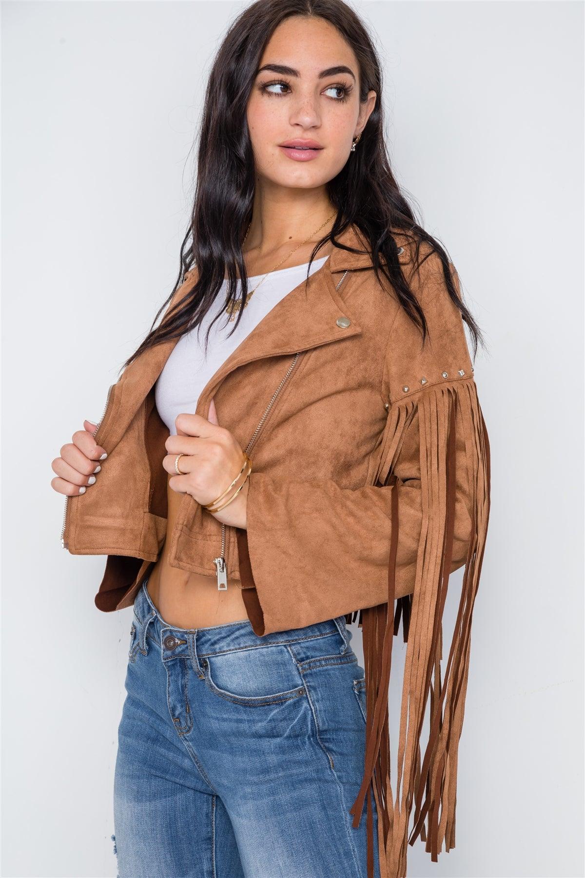 Camel Fringe Studded Faux Suede Moto Jacket /2-3