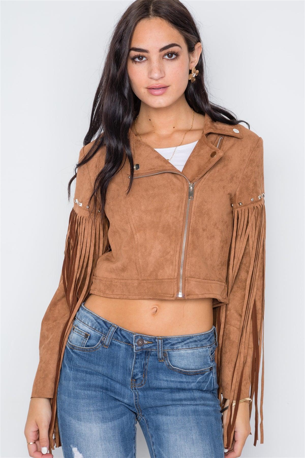 Camel Fringe Studded Faux Suede Moto Jacket /2-3