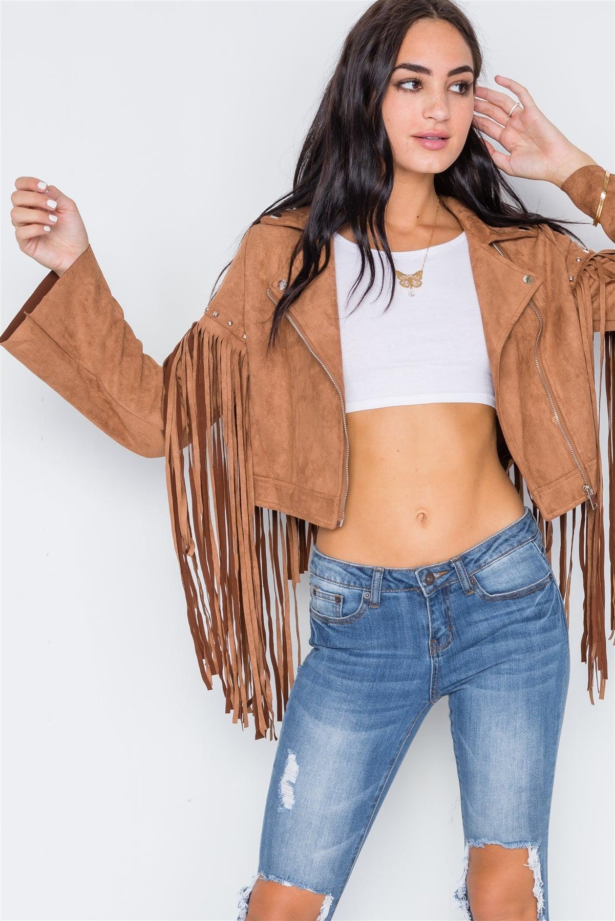 Camel Fringe Studded Faux Suede Moto Jacket /1-2-3