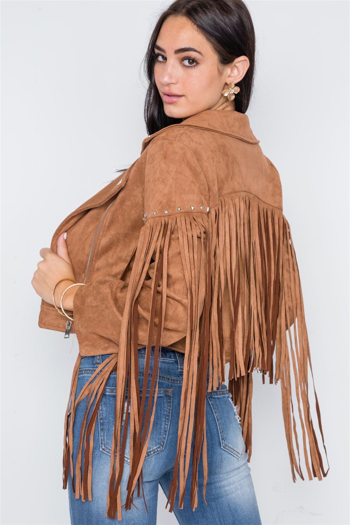 Camel Fringe Studded Faux Suede Moto Jacket /1-2-3