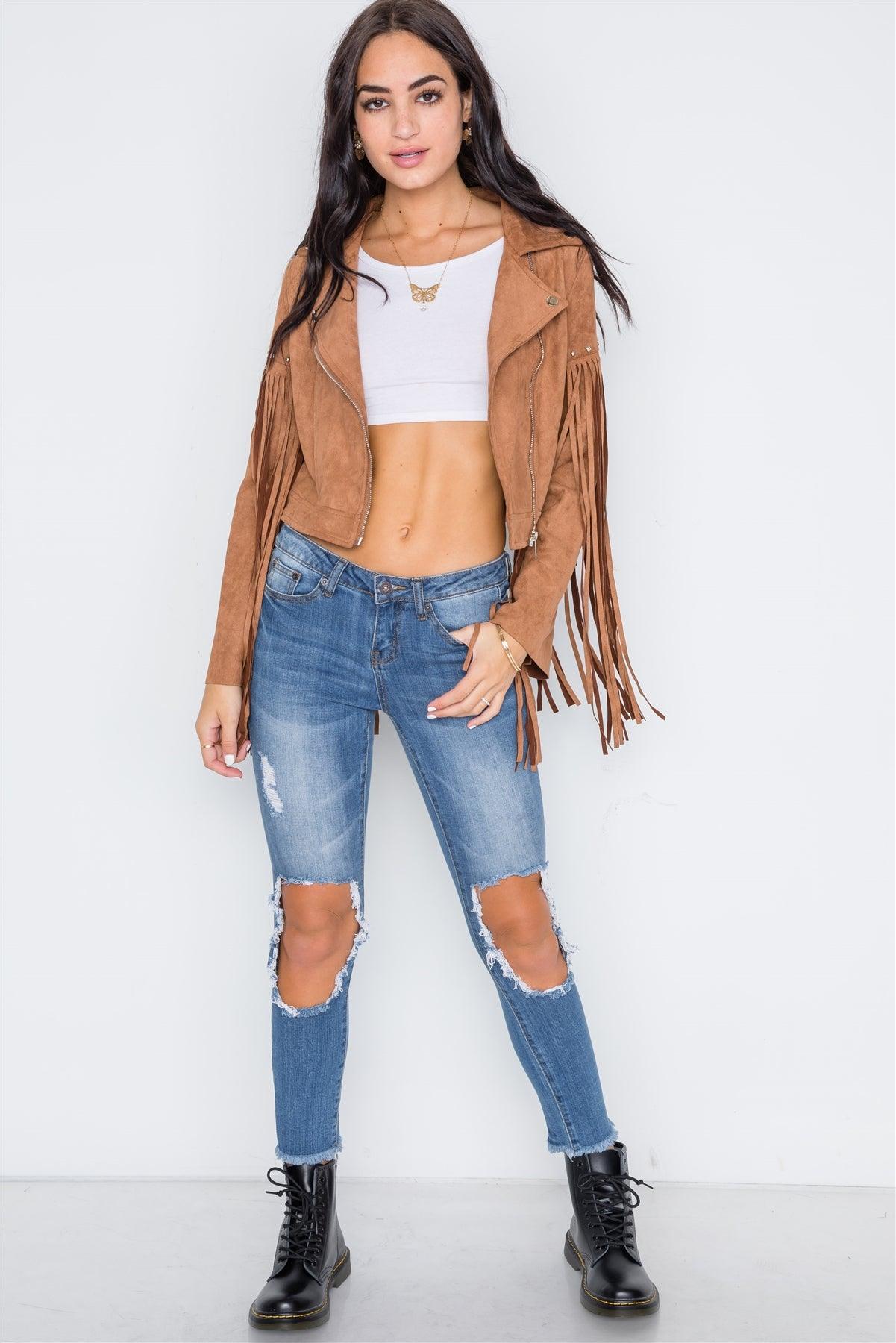 Camel Fringe Studded Faux Suede Moto Jacket /1-2-3