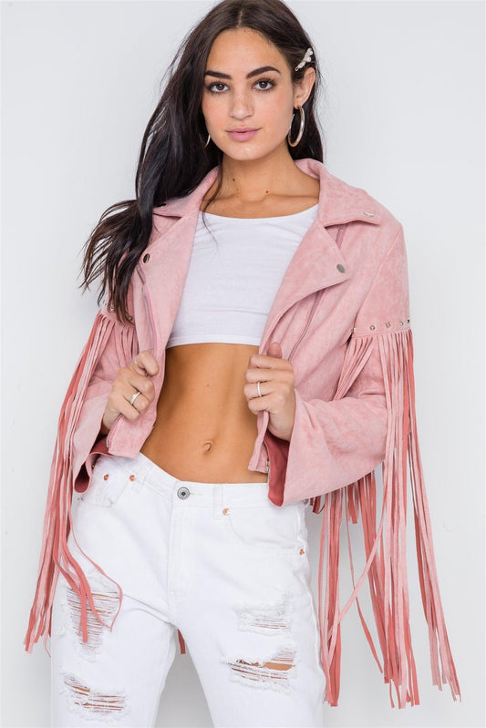 Pink Fringe Studded Faux Suede Moto Jacket /3-2-2