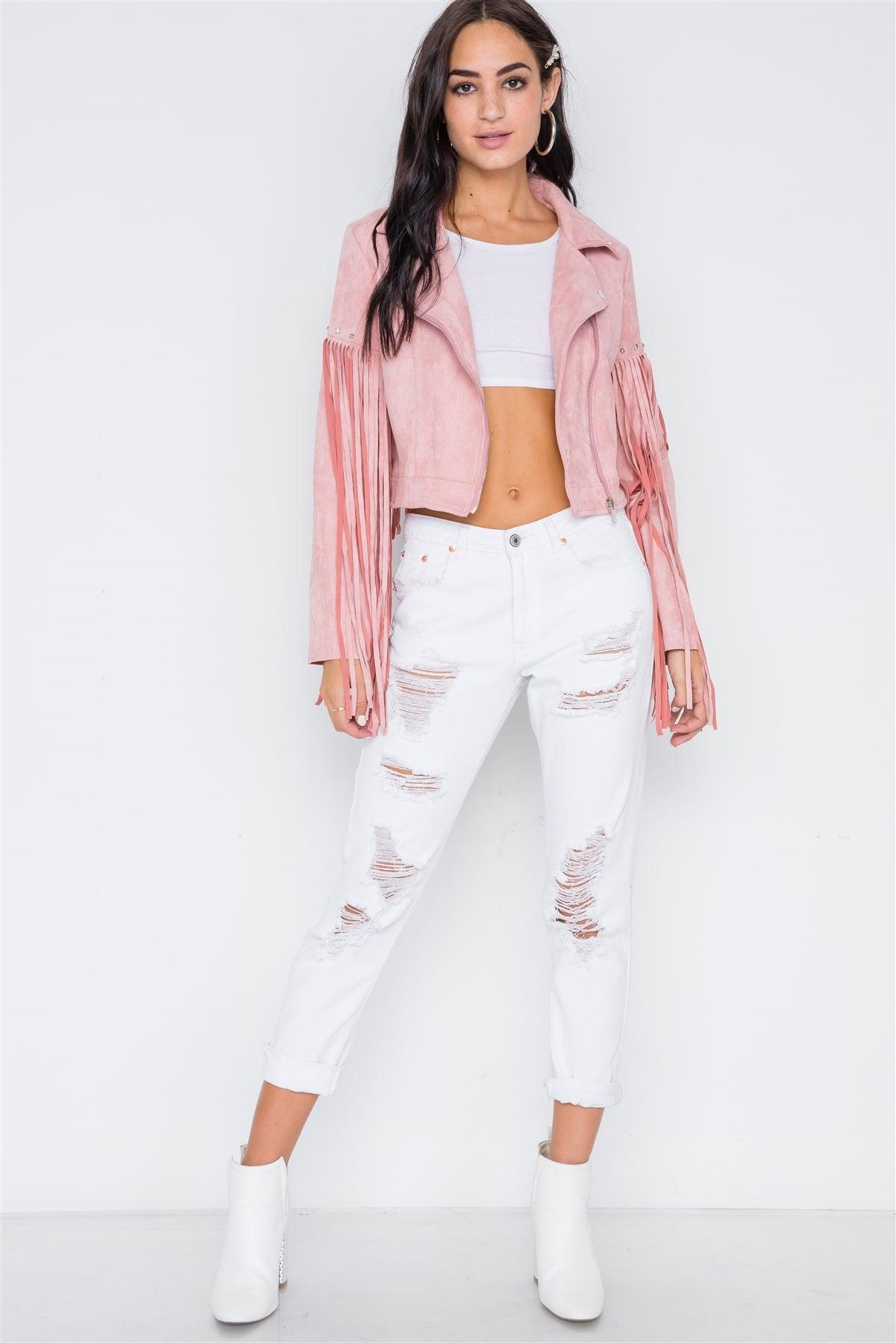 Pink Fringe Studded Faux Suede Moto Jacket /1-2-4