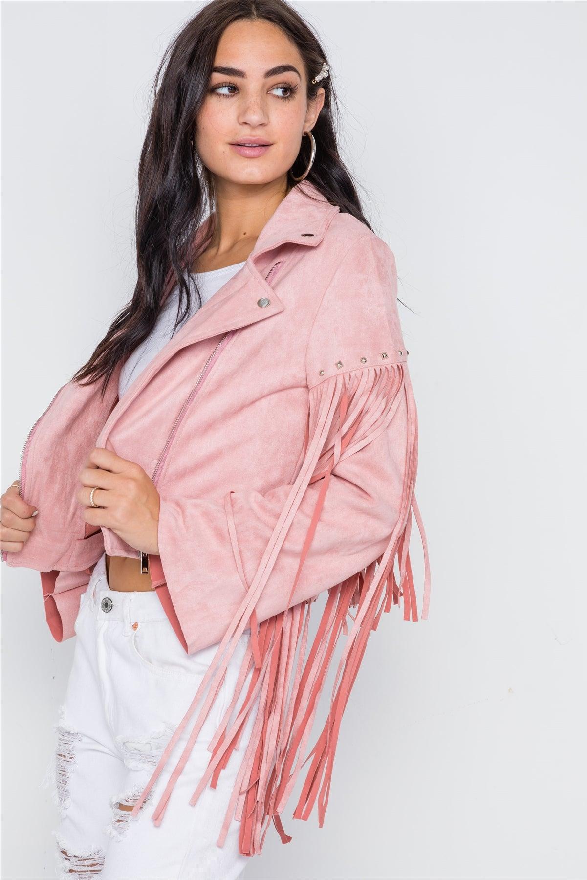 Pink Fringe Studded Faux Suede Moto Jacket /1-2-4