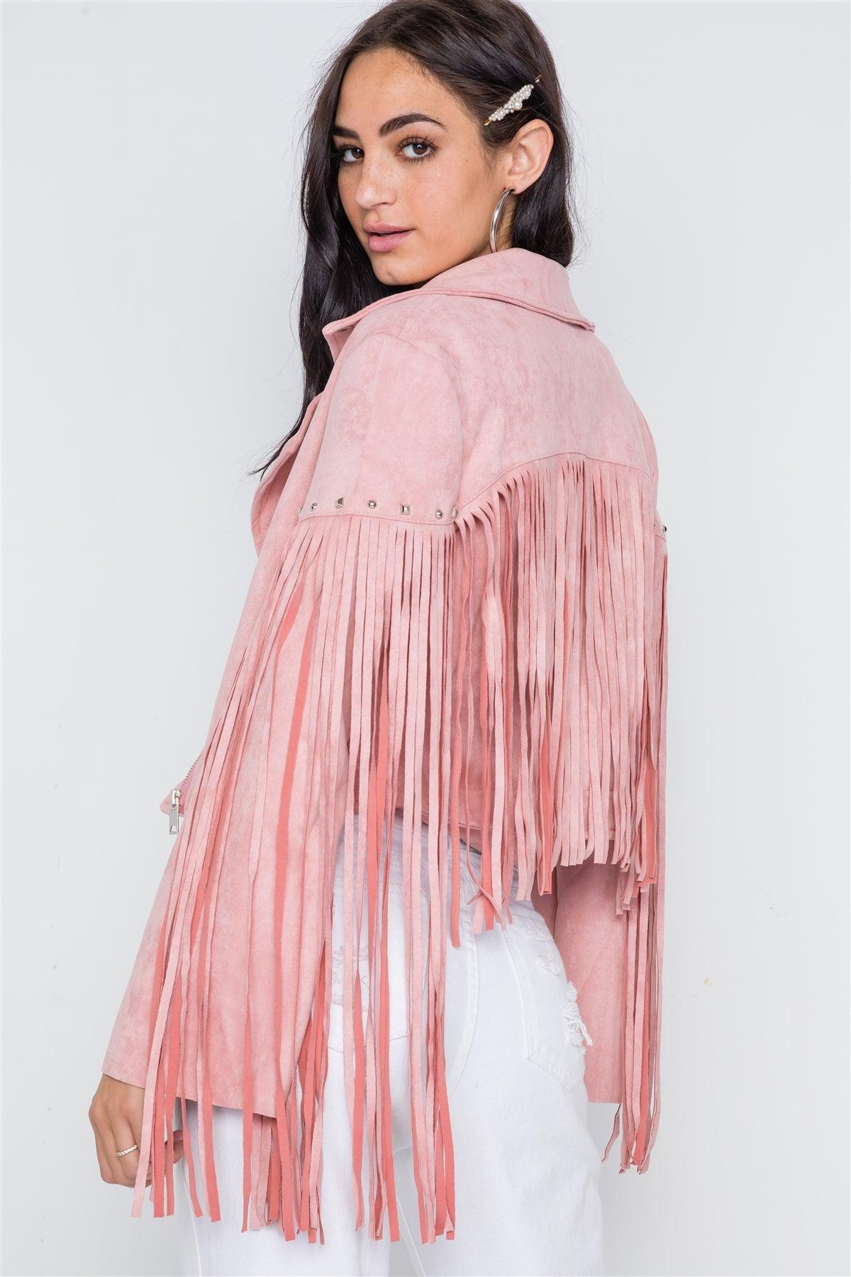 Pink Fringe Studded Faux Suede Moto Jacket /1-2-4