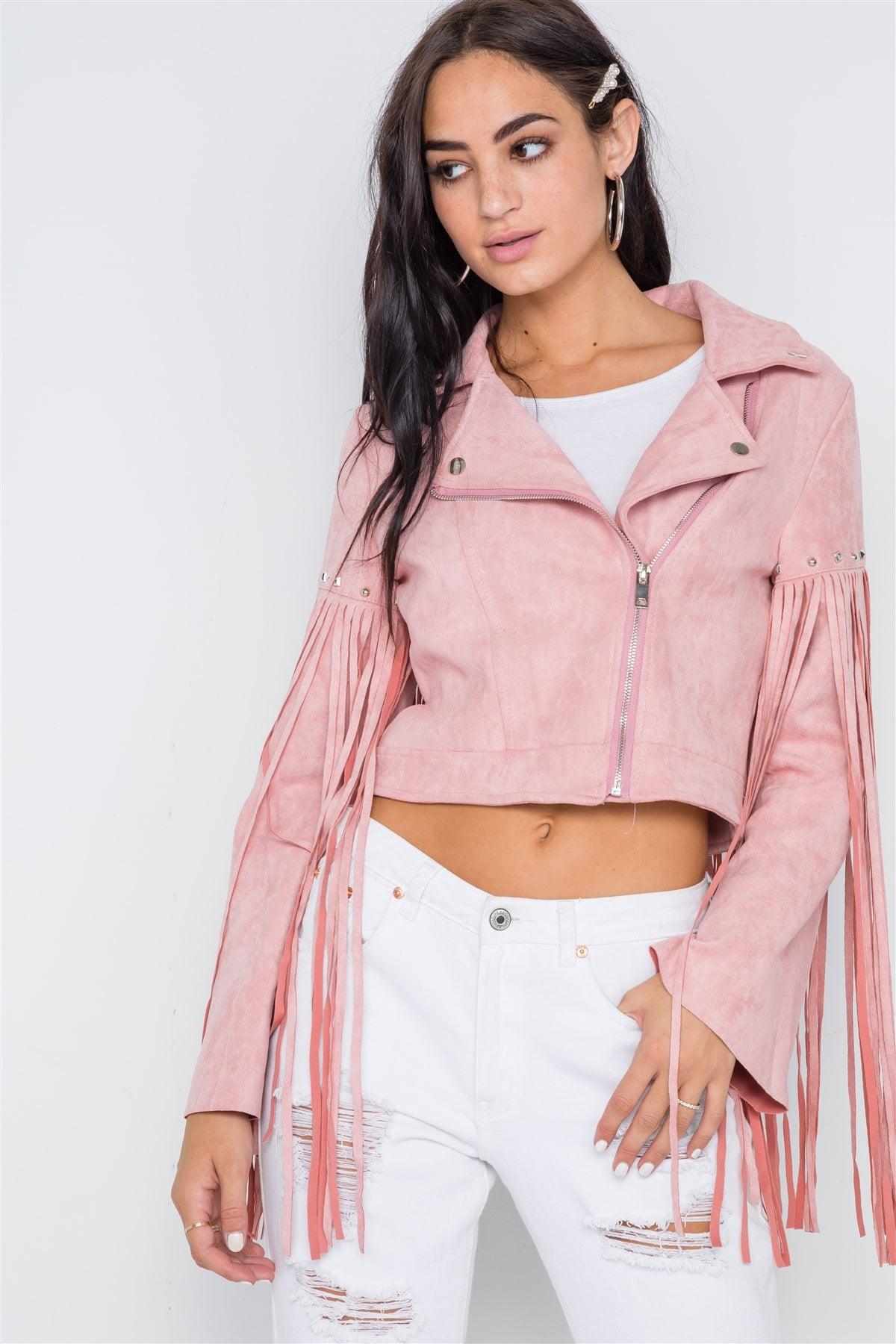 Pink Fringe Studded Faux Suede Moto Jacket /1-2-4