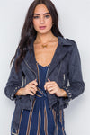 Blue Studded Embroidery Faux Suede Moto Jacket /2-2-2