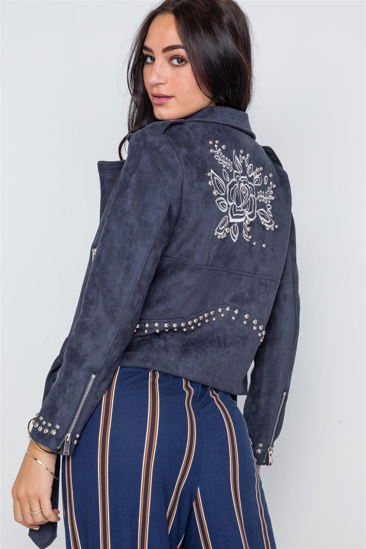 Blue Studded Embroidery Faux Suede Moto Jacket /2-2-2