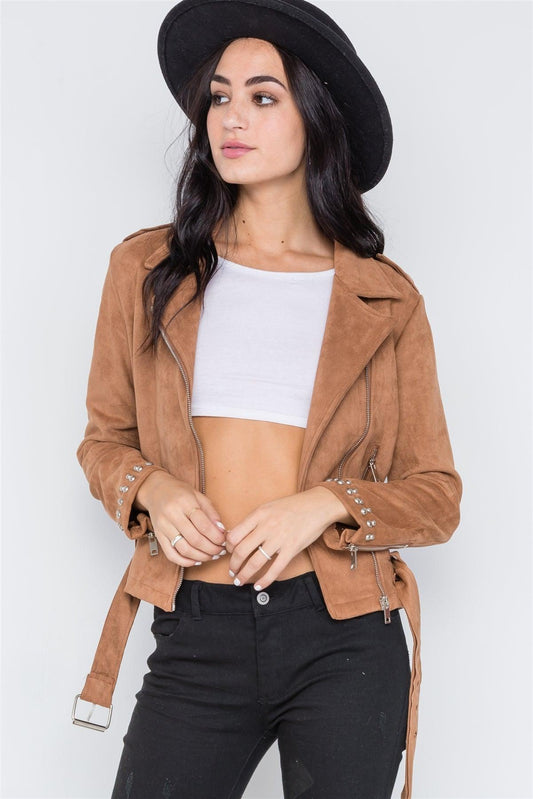 Camel Studded Embroidery Faux Suede Moto Jacket /2-2-2