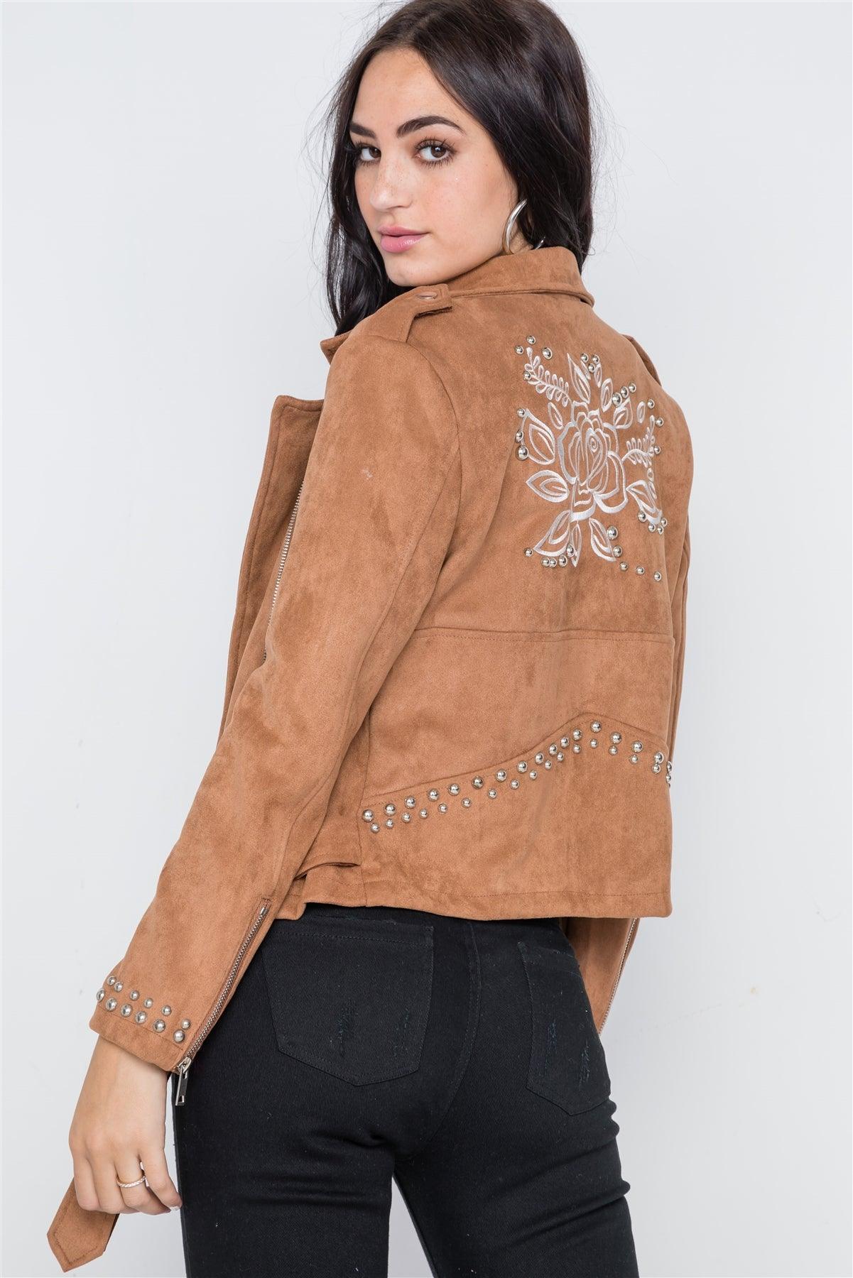 Camel Studded Embroidery Faux Suede Moto Jacket /2-2-2