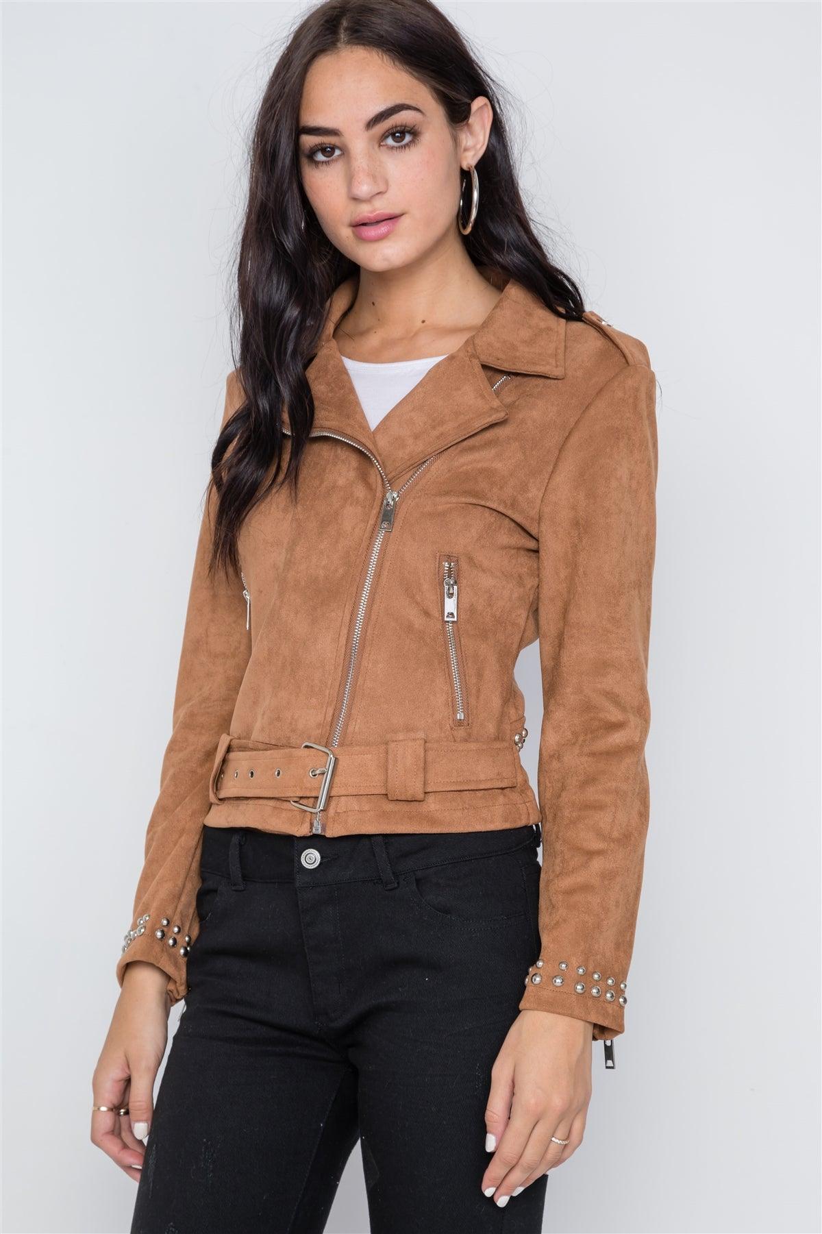 Camel Studded Embroidery Faux Suede Moto Jacket /2-2-2