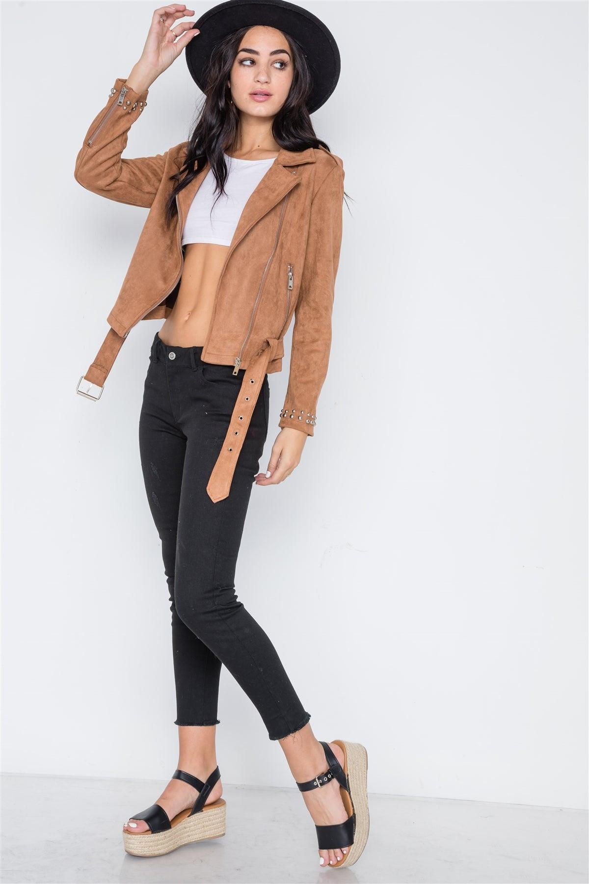 Camel Studded Embroidery Faux Suede Moto Jacket /2-2-2