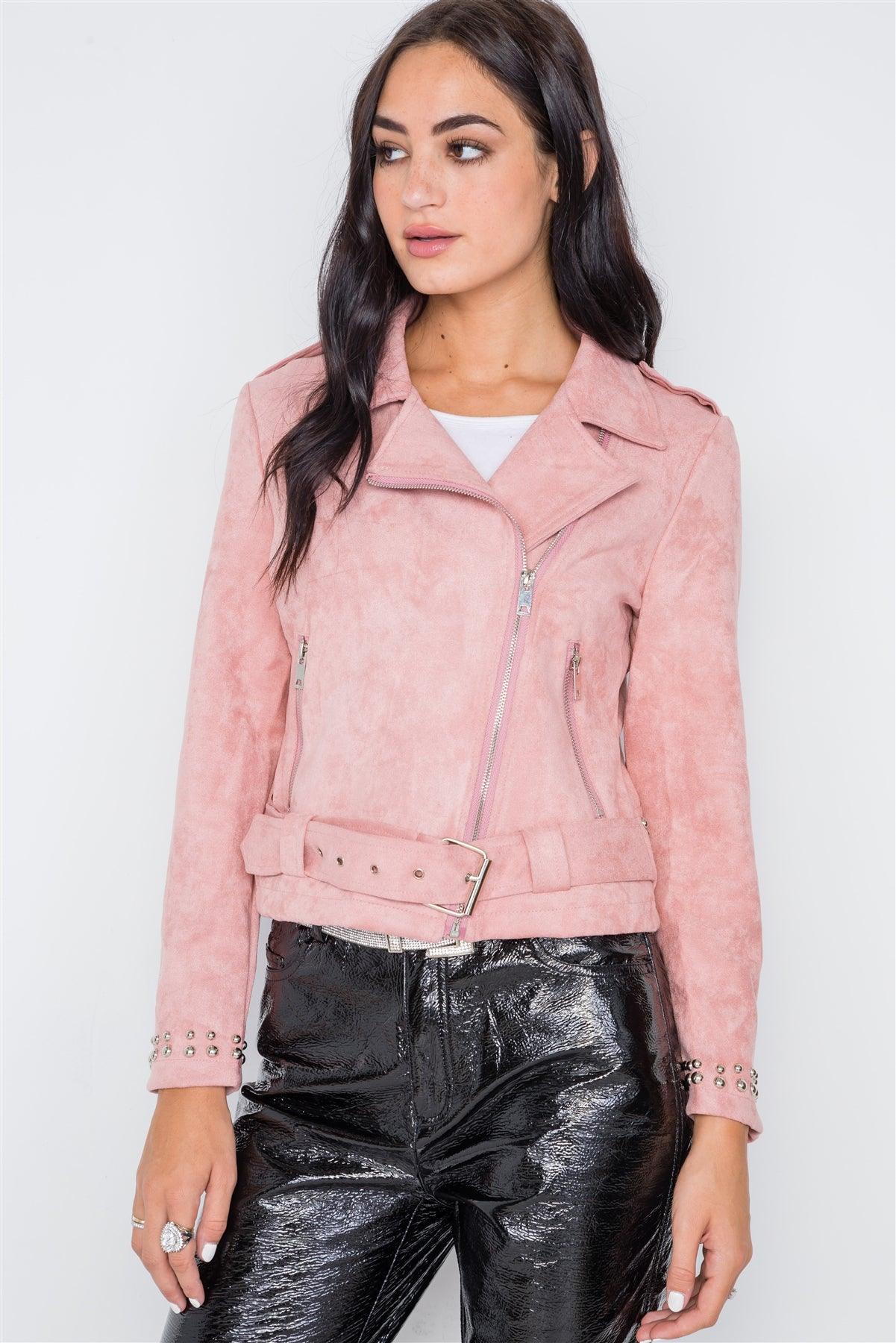 Pink Studded Embroidery Faux Suede Moto Jacket /2-1-1