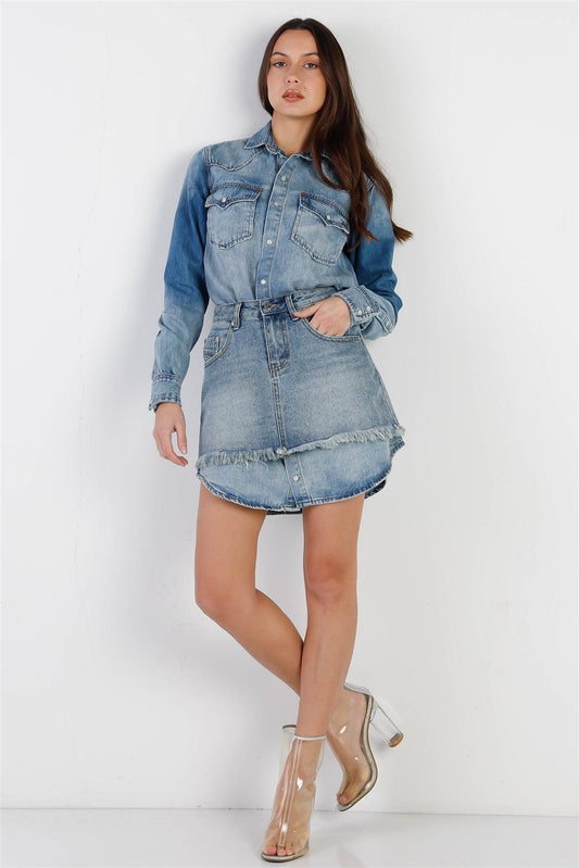 Light Denim Cotton Button Up Long Shirt & Mini Skirt Set /1-2-2