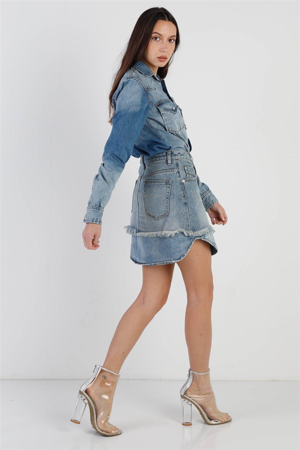 Light Denim Cotton Button Up Long Shirt & Mini Skirt Set /2-1-2