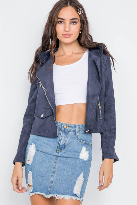 Navy Star Embroidery Faux Suede Moto Jacket