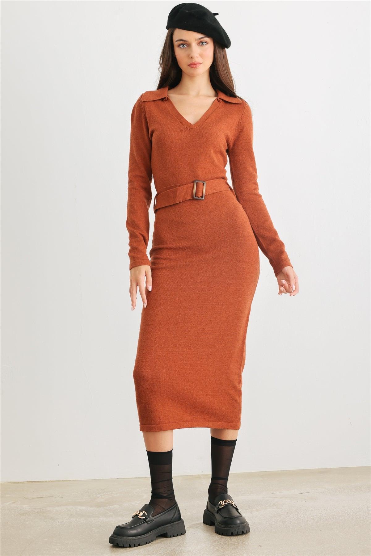 Caramel Collared Neck Belted Midi Dress /2-2-2