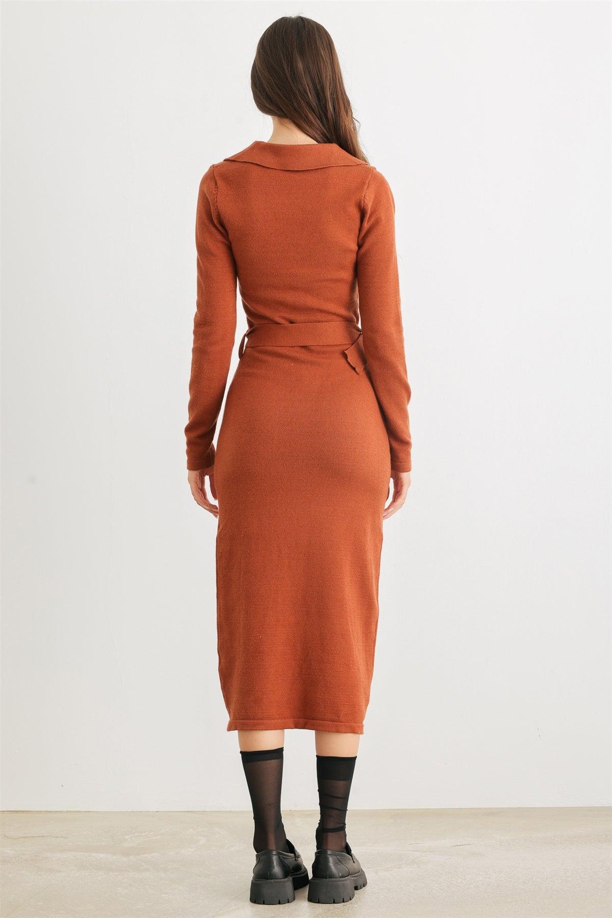 Caramel Knit Collared Neck Belted Midi Dress /2-2-2