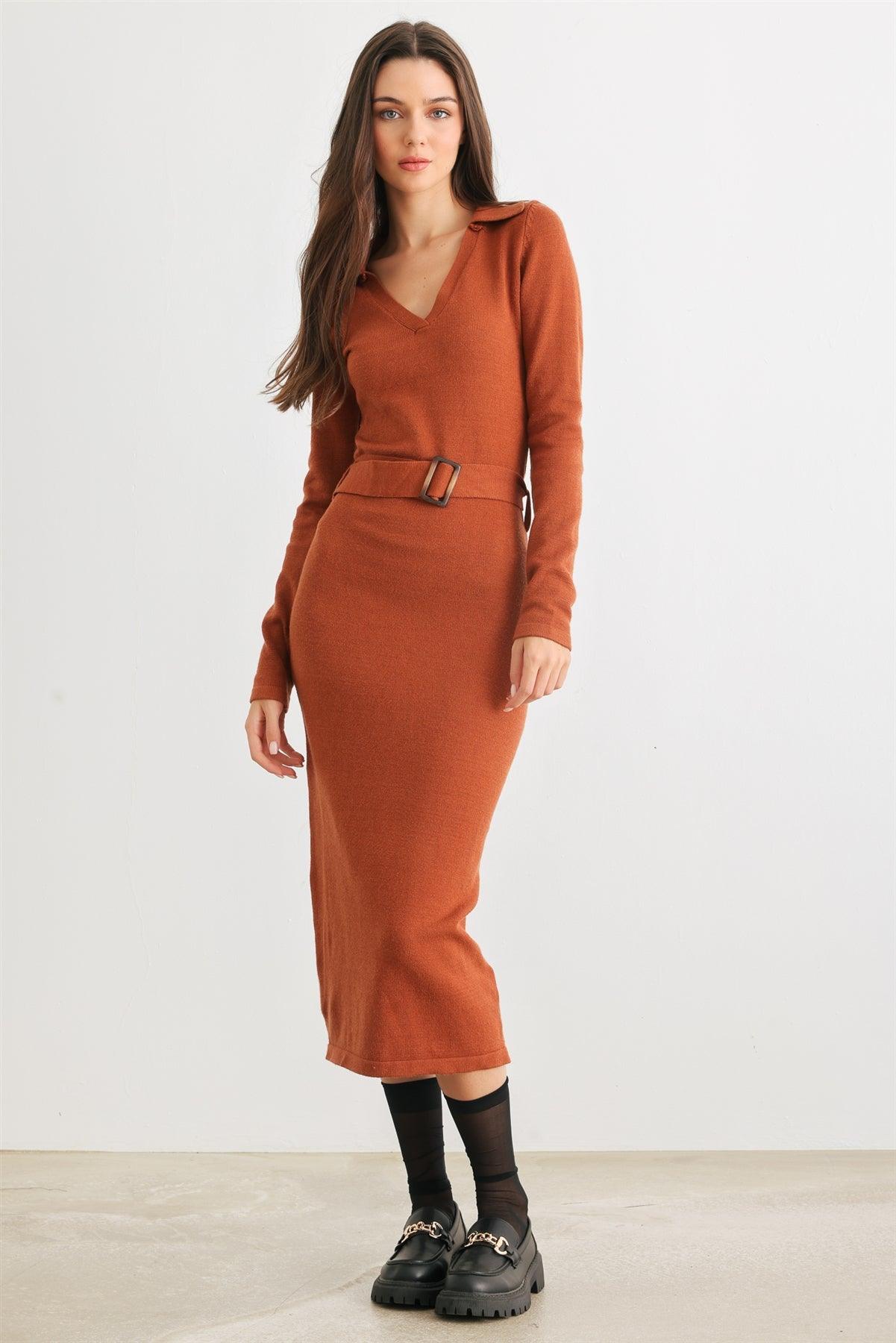 Caramel Knit Collared Neck Belted Midi Dress /2-2-2